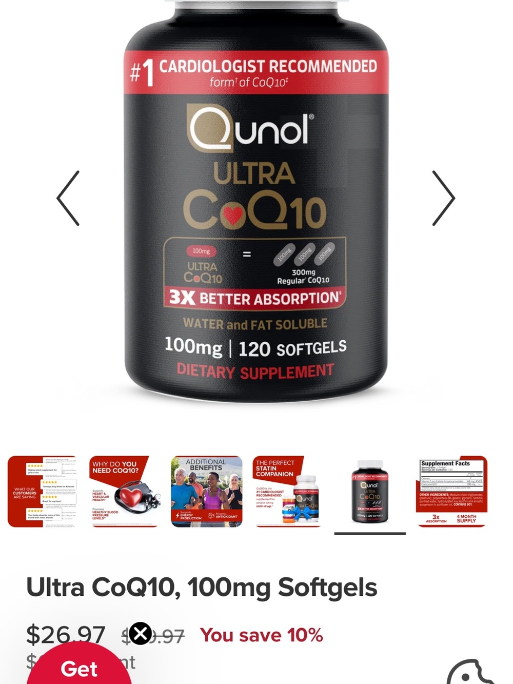 Qunol Ultra CoQ10 100mg Softgels - Black, Red & Gold Bottle